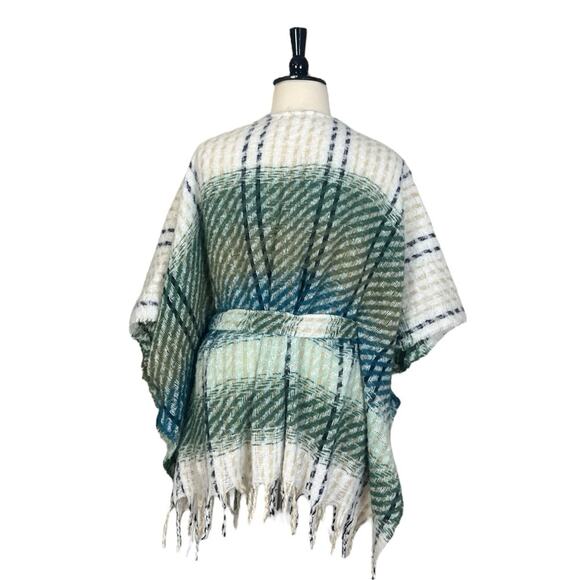 Lauren Conrad Sweater Belted Wrap Shawl Cream Blue Green Plaid Women’s Size OS - Picture 6 of 12